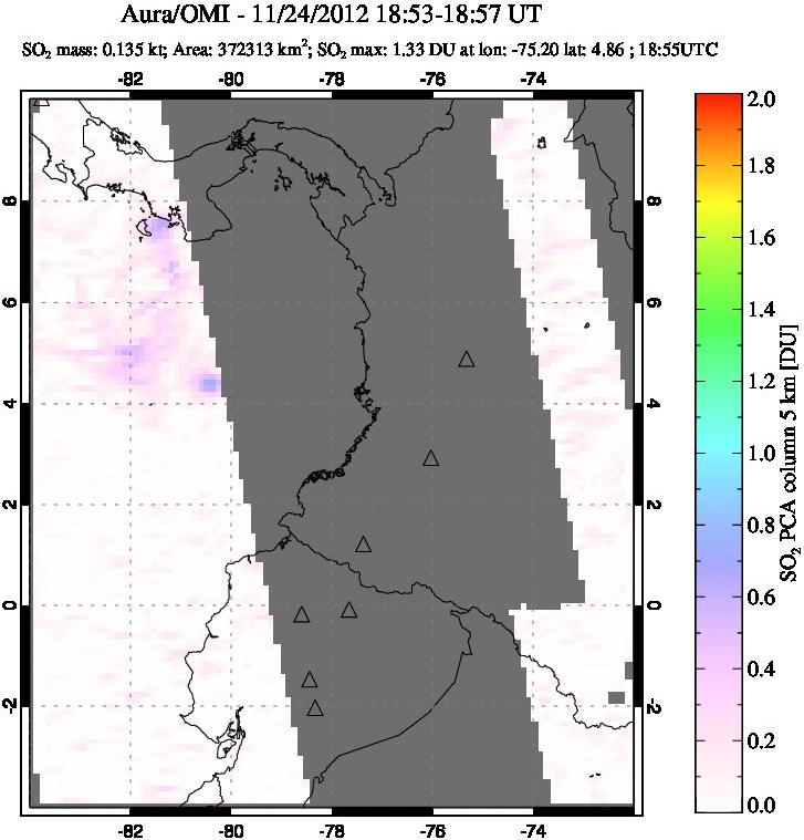 A sulfur dioxide image over Ecuador on Nov 24, 2012.