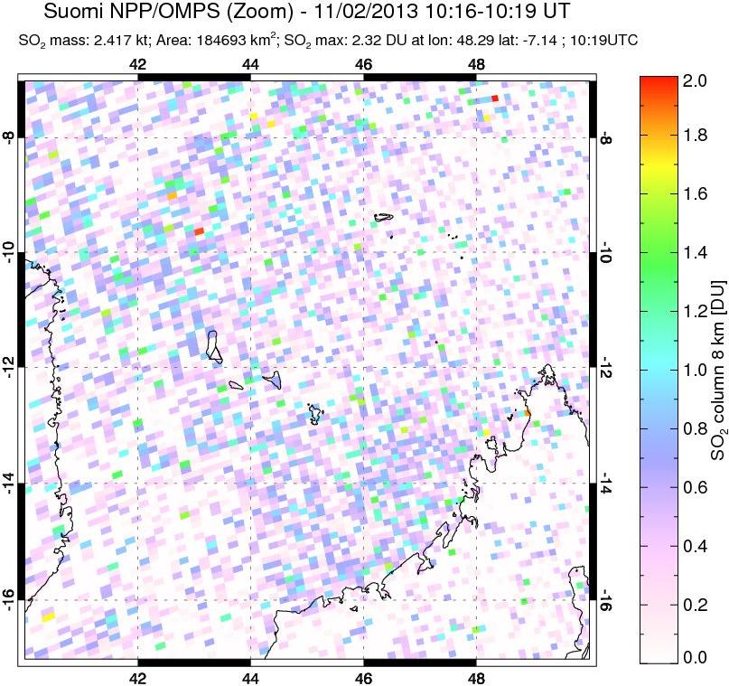 A sulfur dioxide image over Comoro Islands on Nov 02, 2013.
