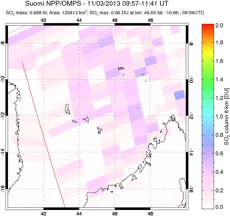 A sulfur dioxide image over Comoro Islands on Nov 03, 2013.