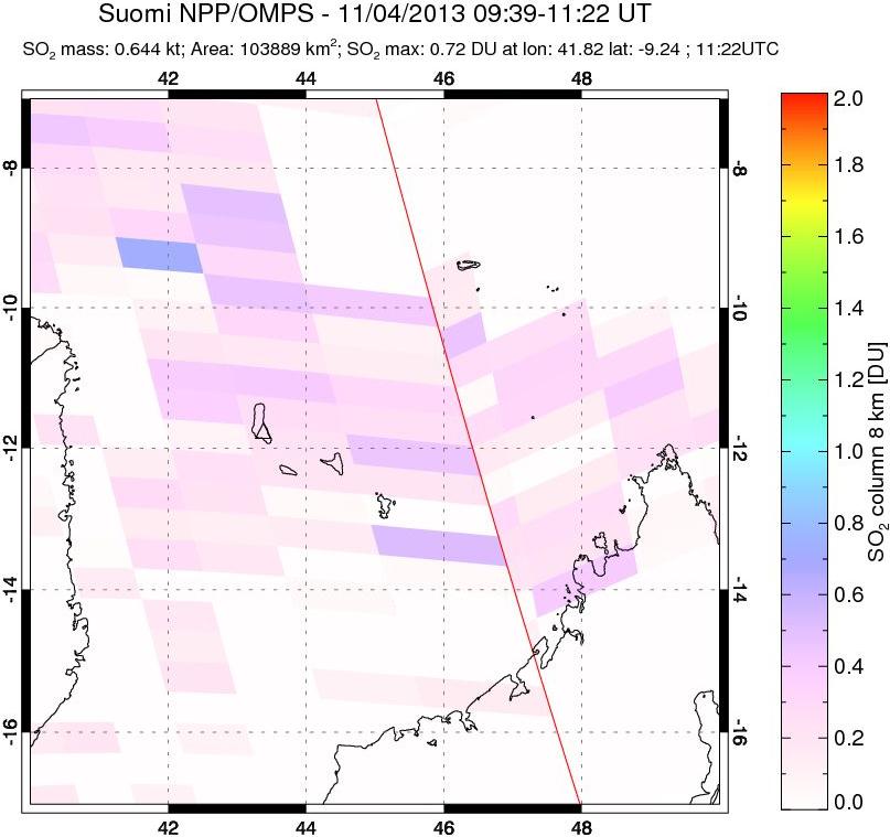 A sulfur dioxide image over Comoro Islands on Nov 04, 2013.