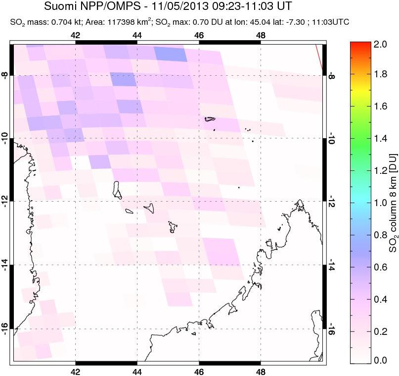 A sulfur dioxide image over Comoro Islands on Nov 05, 2013.