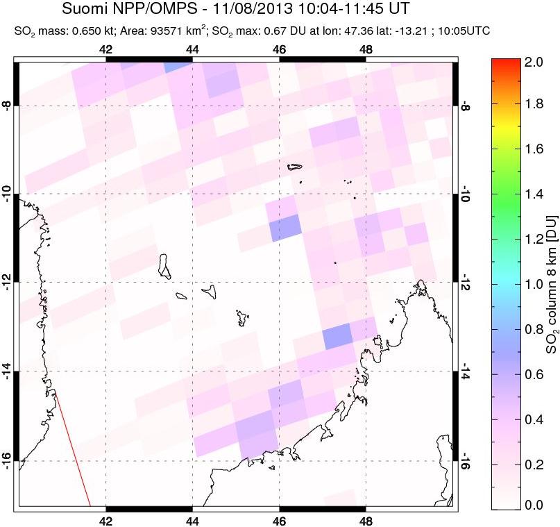 A sulfur dioxide image over Comoro Islands on Nov 08, 2013.