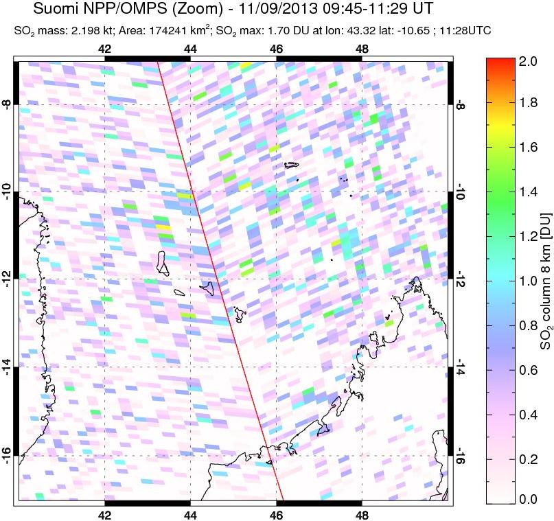 A sulfur dioxide image over Comoro Islands on Nov 09, 2013.