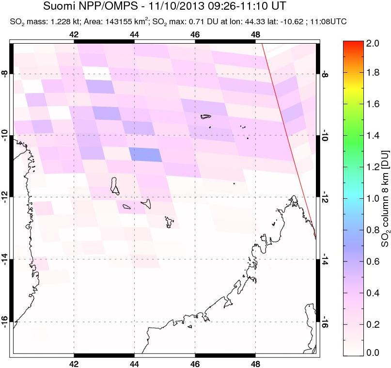 A sulfur dioxide image over Comoro Islands on Nov 10, 2013.