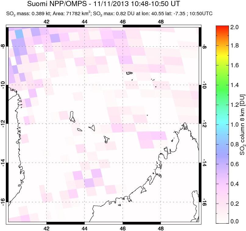 A sulfur dioxide image over Comoro Islands on Nov 11, 2013.