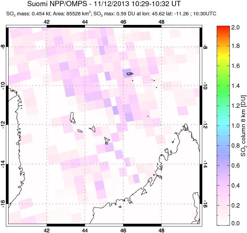 A sulfur dioxide image over Comoro Islands on Nov 12, 2013.
