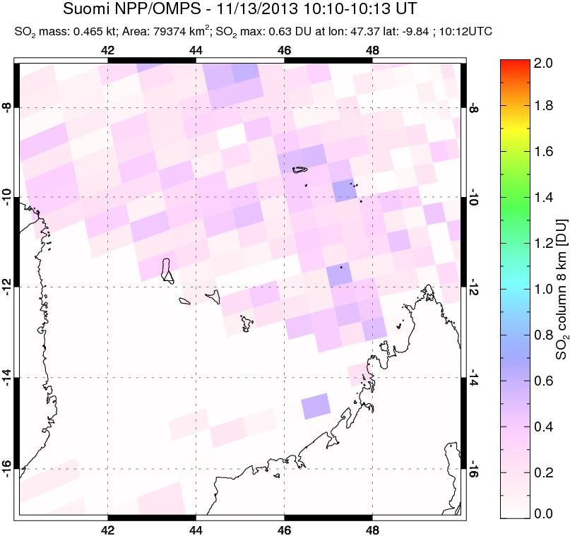 A sulfur dioxide image over Comoro Islands on Nov 13, 2013.