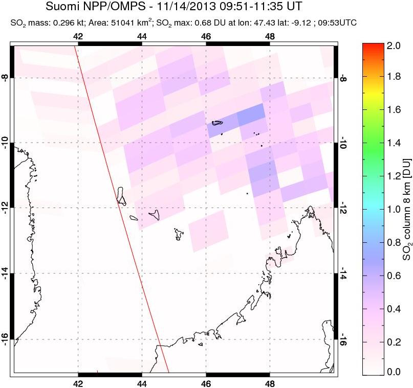 A sulfur dioxide image over Comoro Islands on Nov 14, 2013.