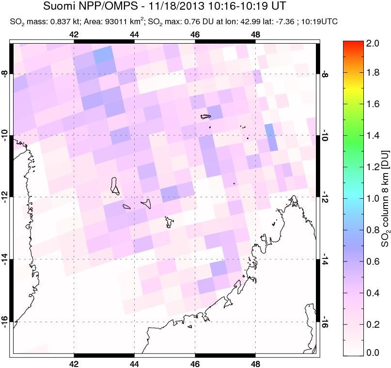 A sulfur dioxide image over Comoro Islands on Nov 18, 2013.