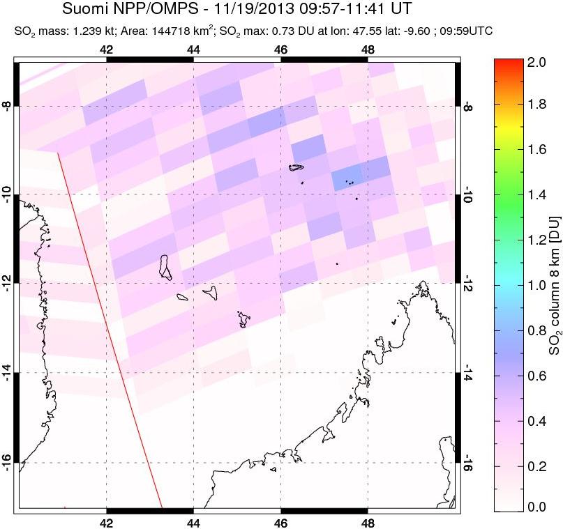 A sulfur dioxide image over Comoro Islands on Nov 19, 2013.