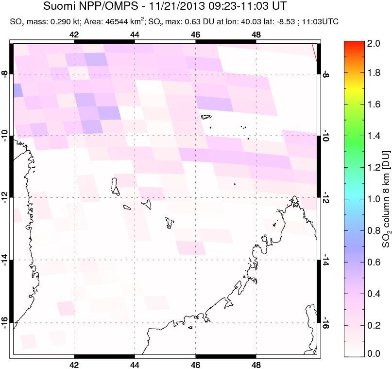 A sulfur dioxide image over Comoro Islands on Nov 21, 2013.