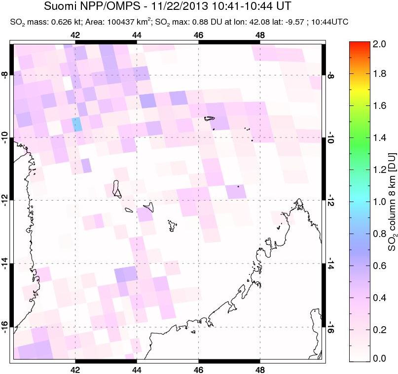 A sulfur dioxide image over Comoro Islands on Nov 22, 2013.