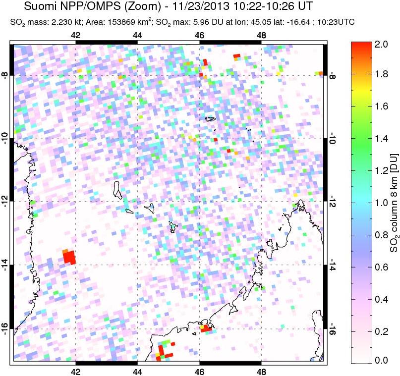 A sulfur dioxide image over Comoro Islands on Nov 23, 2013.