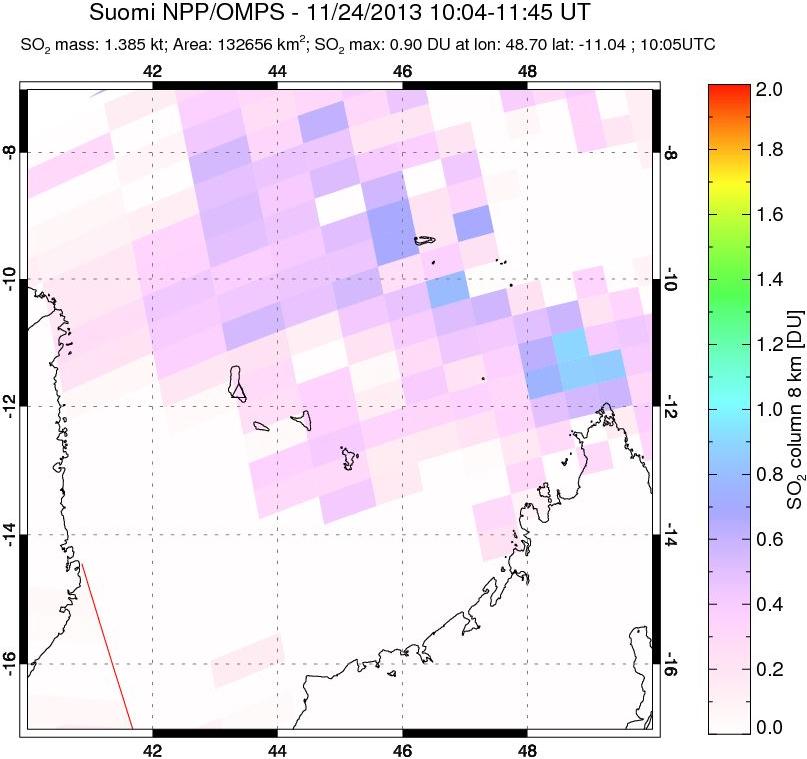 A sulfur dioxide image over Comoro Islands on Nov 24, 2013.