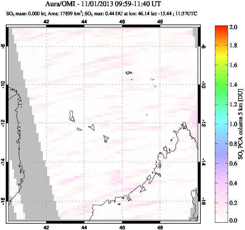A sulfur dioxide image over Comoro Islands on Nov 01, 2013.