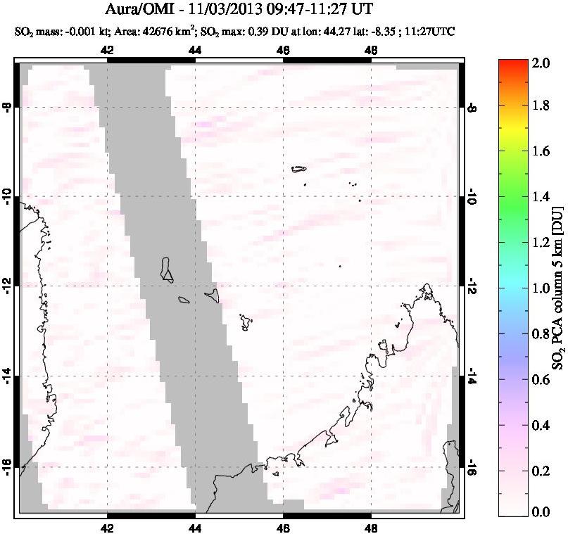 A sulfur dioxide image over Comoro Islands on Nov 03, 2013.