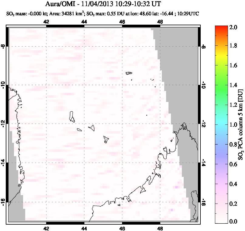 A sulfur dioxide image over Comoro Islands on Nov 04, 2013.
