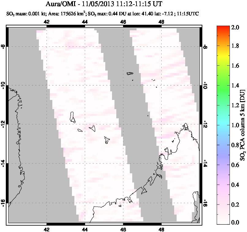 A sulfur dioxide image over Comoro Islands on Nov 05, 2013.