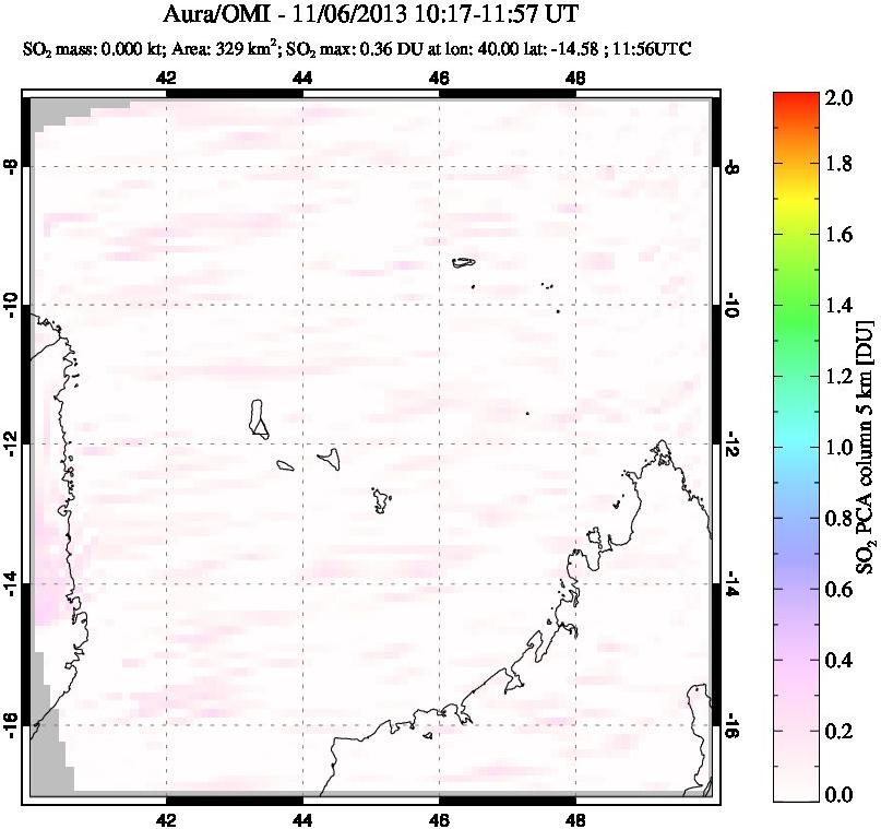 A sulfur dioxide image over Comoro Islands on Nov 06, 2013.