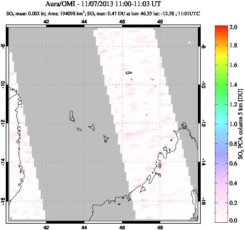 A sulfur dioxide image over Comoro Islands on Nov 07, 2013.
