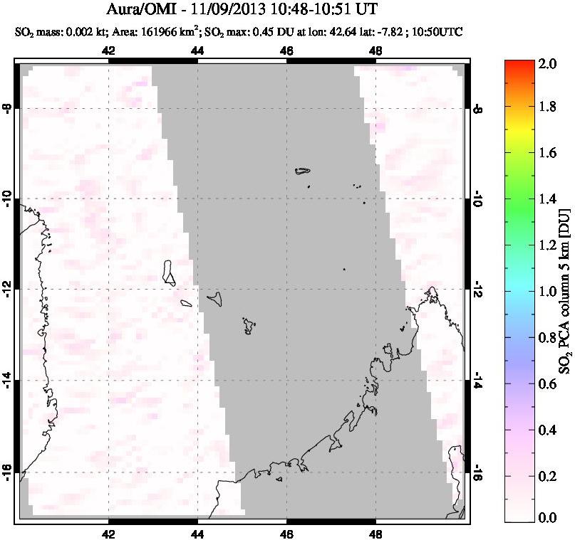 A sulfur dioxide image over Comoro Islands on Nov 09, 2013.