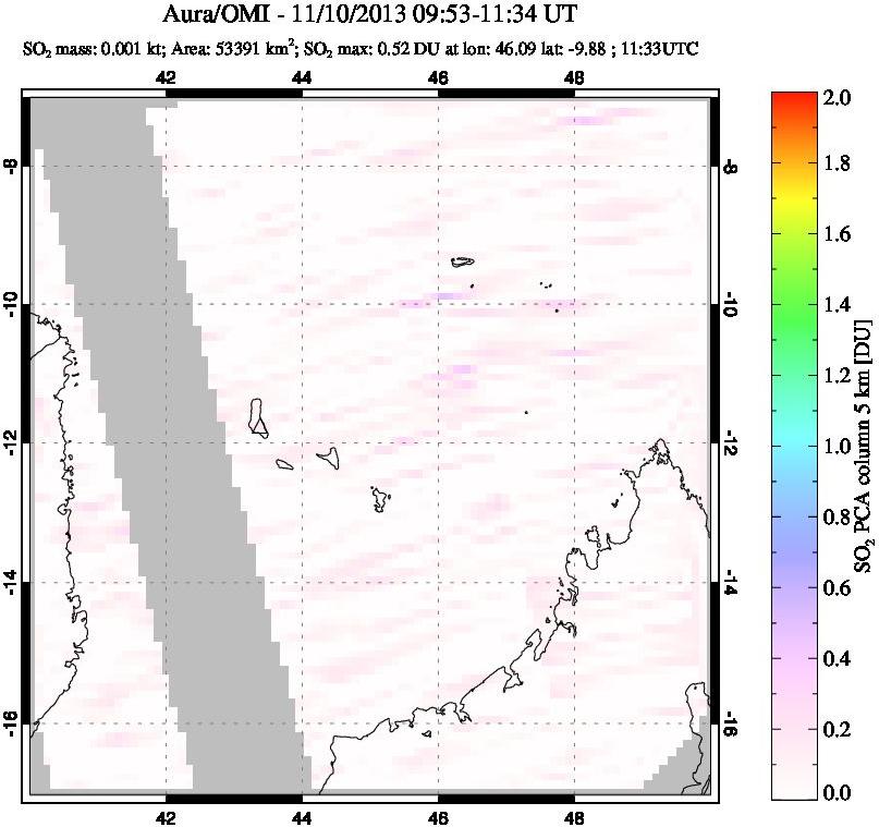 A sulfur dioxide image over Comoro Islands on Nov 10, 2013.