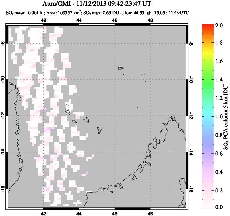 A sulfur dioxide image over Comoro Islands on Nov 12, 2013.