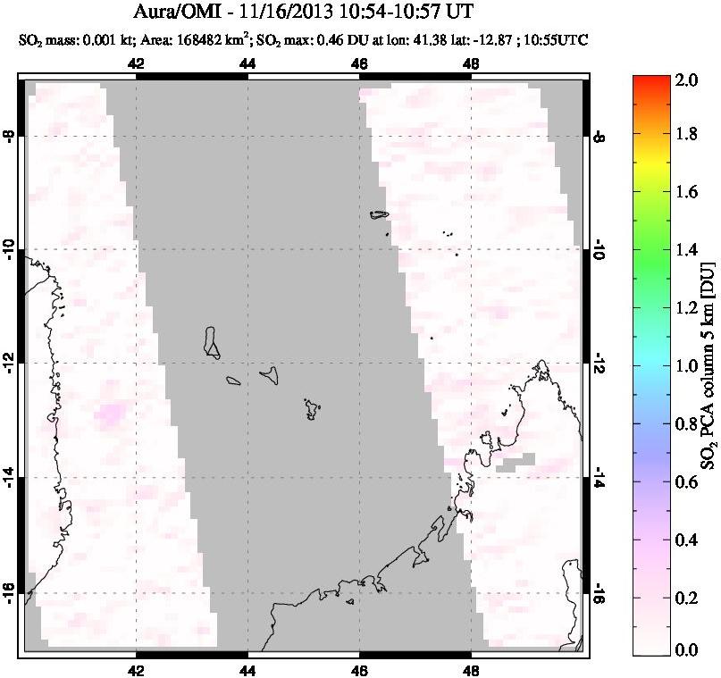 A sulfur dioxide image over Comoro Islands on Nov 16, 2013.