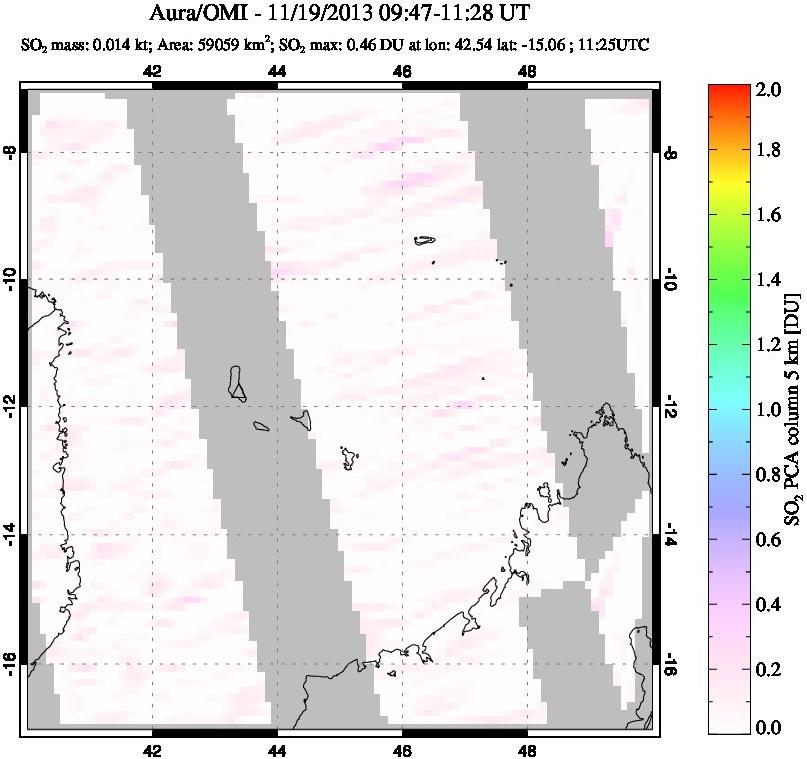 A sulfur dioxide image over Comoro Islands on Nov 19, 2013.