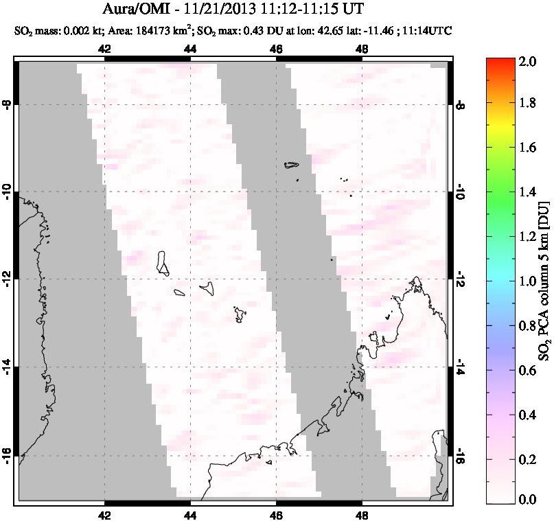A sulfur dioxide image over Comoro Islands on Nov 21, 2013.