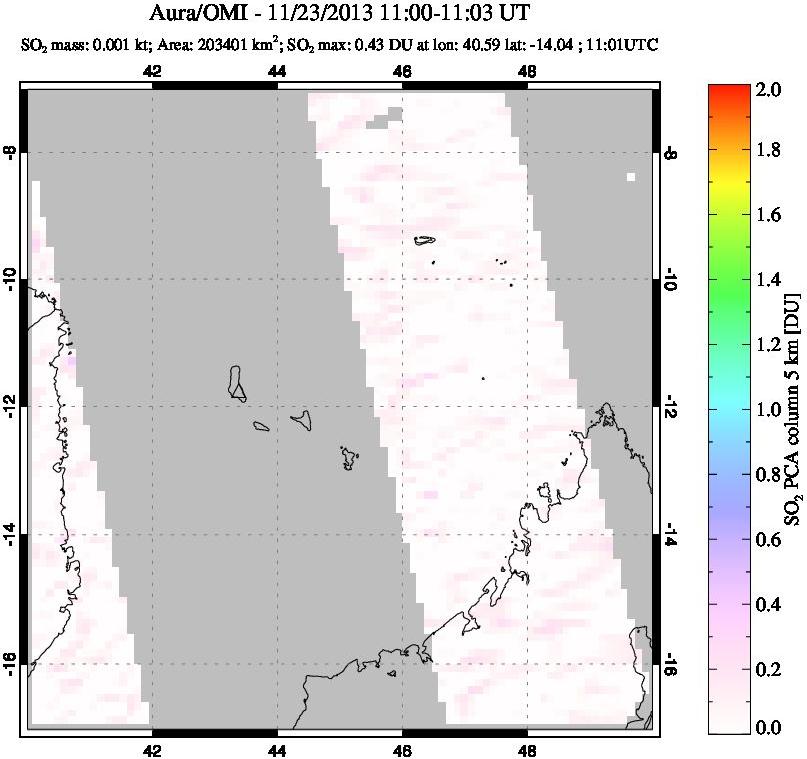 A sulfur dioxide image over Comoro Islands on Nov 23, 2013.