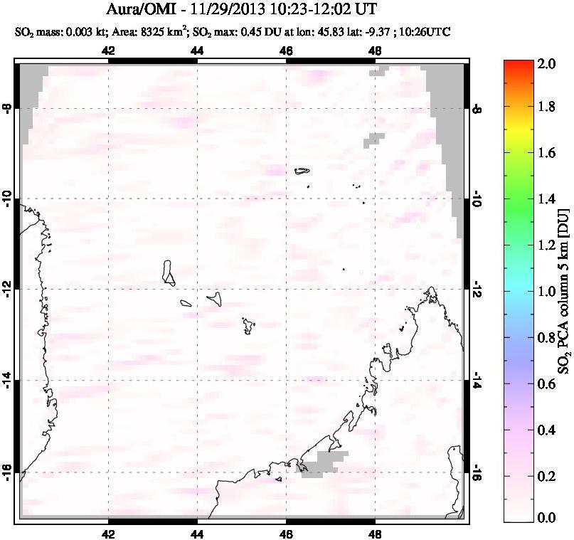A sulfur dioxide image over Comoro Islands on Nov 29, 2013.