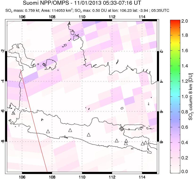 A sulfur dioxide image over Java, Indonesia on Nov 01, 2013.