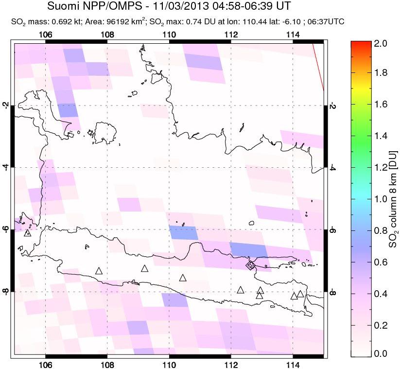 A sulfur dioxide image over Java, Indonesia on Nov 03, 2013.
