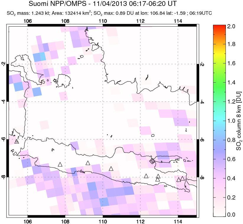A sulfur dioxide image over Java, Indonesia on Nov 04, 2013.