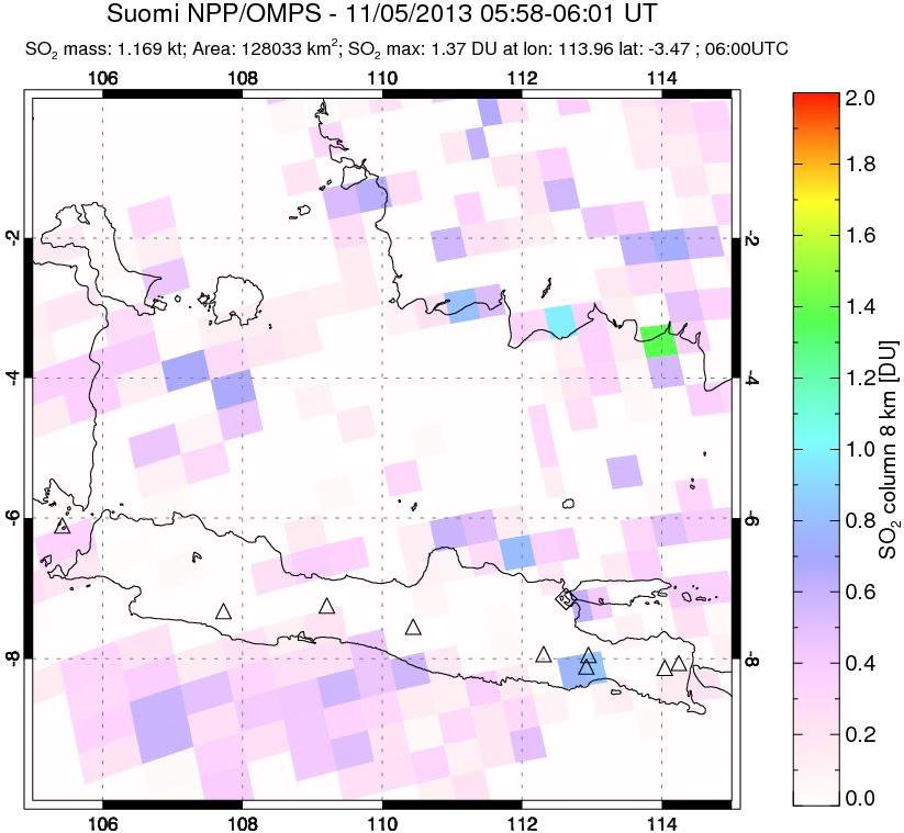 A sulfur dioxide image over Java, Indonesia on Nov 05, 2013.