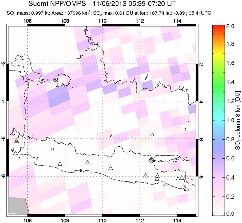 A sulfur dioxide image over Java, Indonesia on Nov 06, 2013.