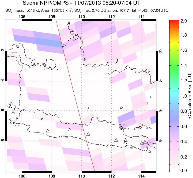 A sulfur dioxide image over Java, Indonesia on Nov 07, 2013.