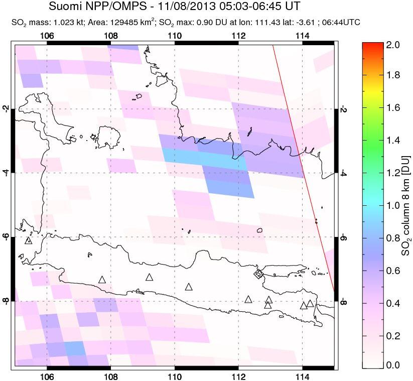 A sulfur dioxide image over Java, Indonesia on Nov 08, 2013.