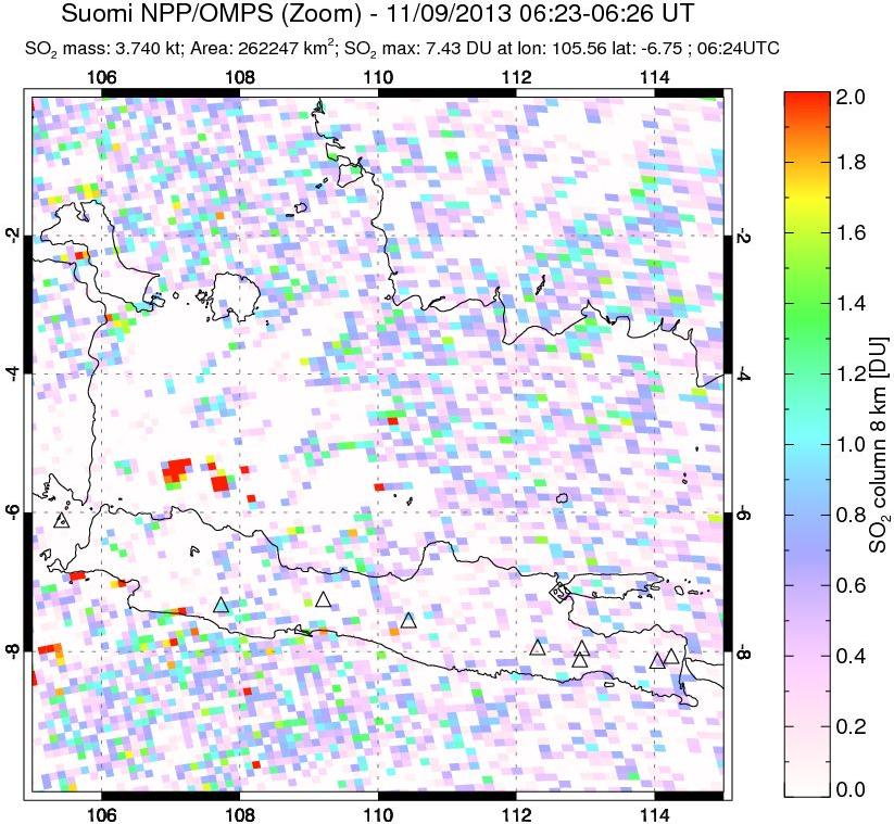 A sulfur dioxide image over Java, Indonesia on Nov 09, 2013.