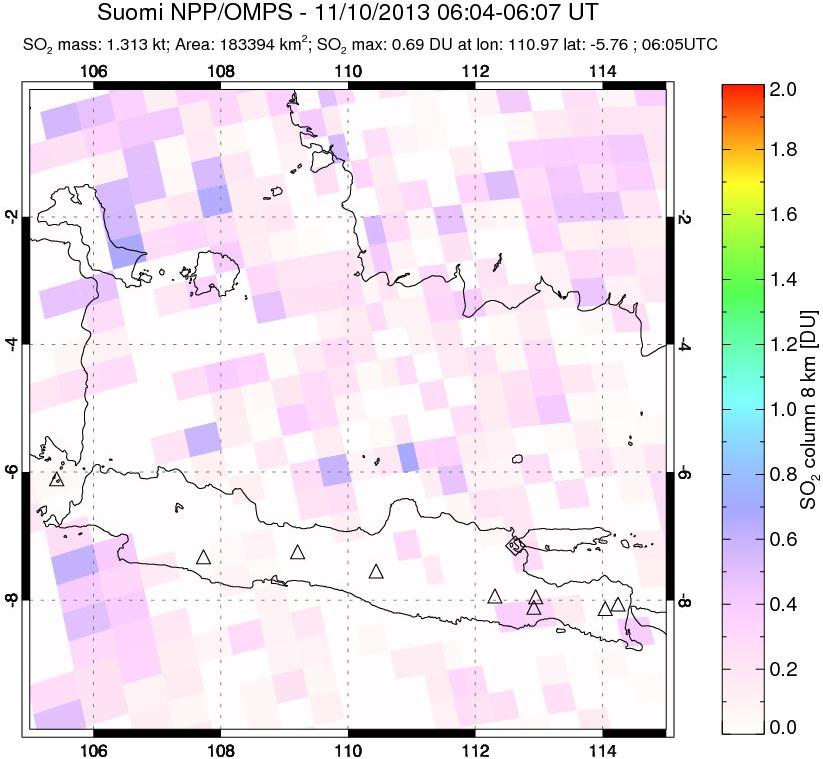 A sulfur dioxide image over Java, Indonesia on Nov 10, 2013.