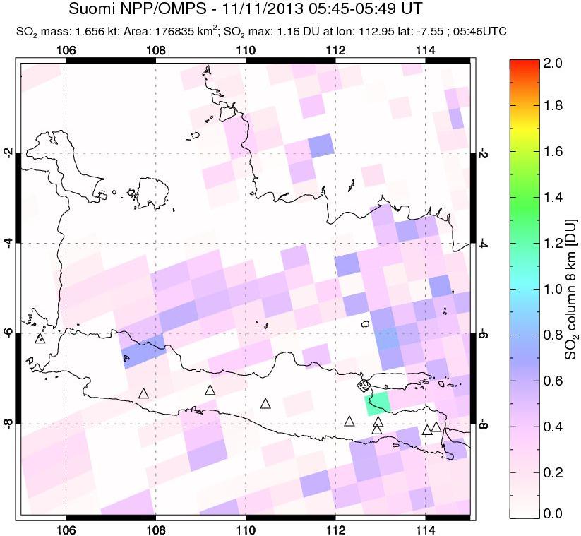 A sulfur dioxide image over Java, Indonesia on Nov 11, 2013.