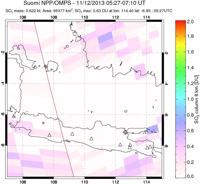 A sulfur dioxide image over Java, Indonesia on Nov 12, 2013.