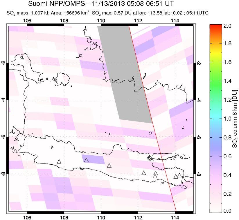 A sulfur dioxide image over Java, Indonesia on Nov 13, 2013.