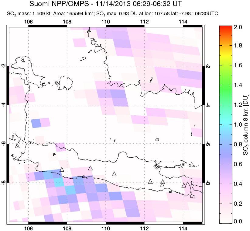 A sulfur dioxide image over Java, Indonesia on Nov 14, 2013.