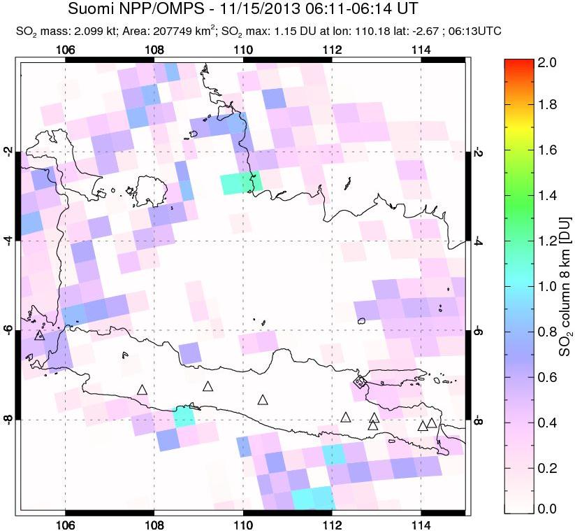 A sulfur dioxide image over Java, Indonesia on Nov 15, 2013.
