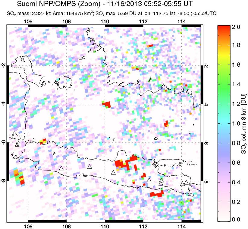 A sulfur dioxide image over Java, Indonesia on Nov 16, 2013.