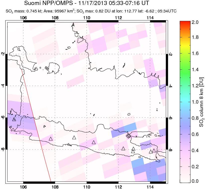 A sulfur dioxide image over Java, Indonesia on Nov 17, 2013.