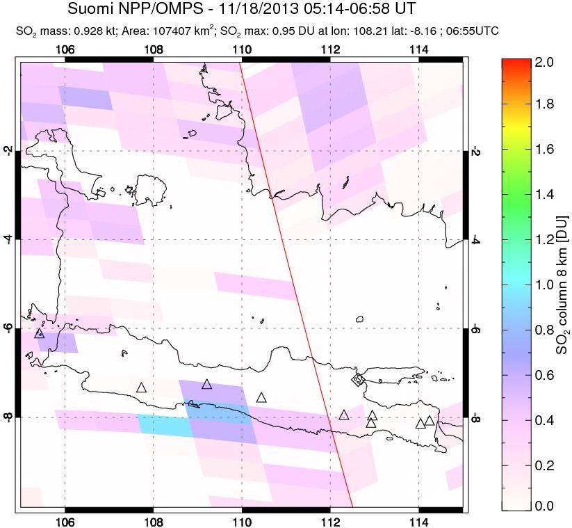 A sulfur dioxide image over Java, Indonesia on Nov 18, 2013.