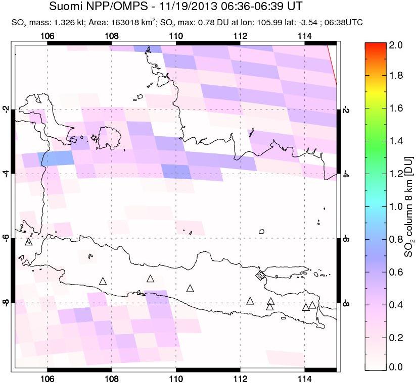 A sulfur dioxide image over Java, Indonesia on Nov 19, 2013.